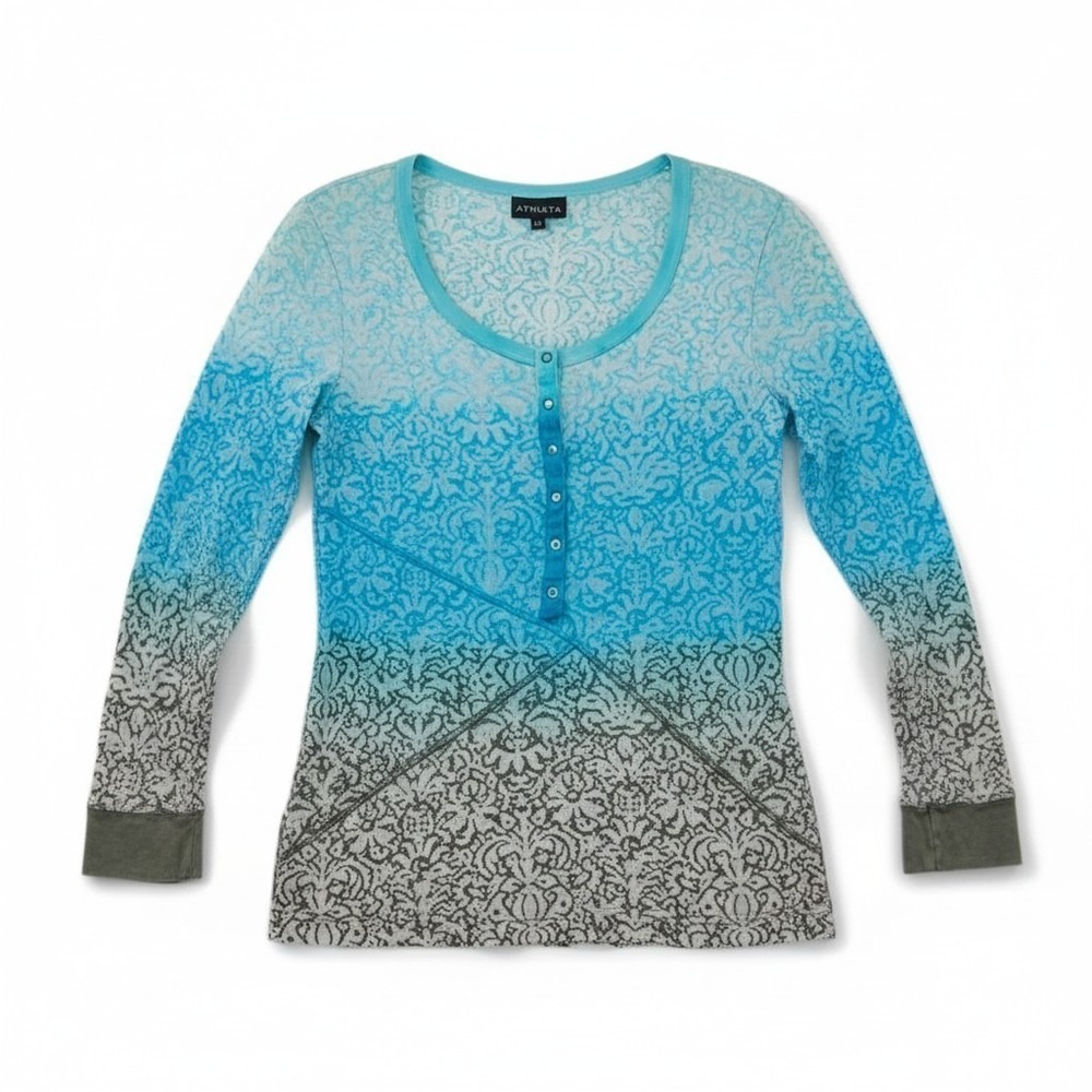 Athleta Ombre Paisley Long Sleeve Henley Top Blue Grey Size M (#906172)